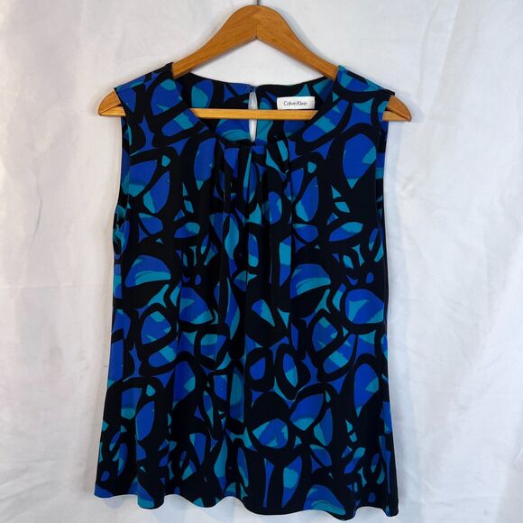 Calvin Klein Bold Abstract Tank Blouse Artsy Pleated Neckline Size XL Office - Picture 8 of 8